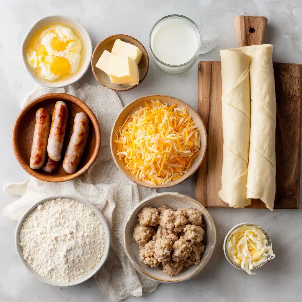 SAUSAGE EGG BREAKFAST ROLL-UPS on white cloth with clear glass of water warm tones