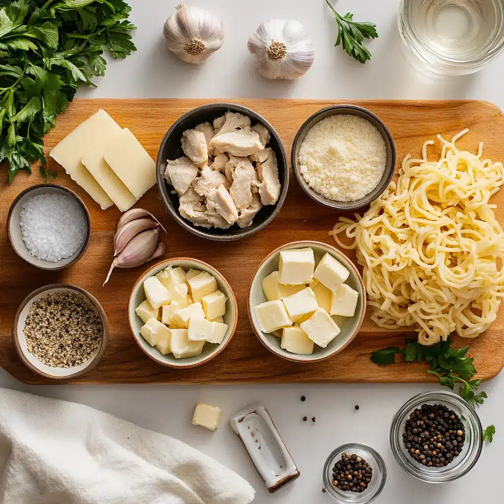 SAVORY ONE-PAN CHICKEN WITH BUTTERED NOODLES plated with egg noodles herbs butter warm glow