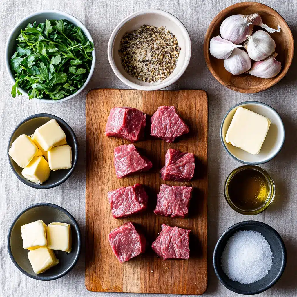 SLOW COOKER GARLIC BUTTER STEAK BITES centered hero view, clean and uncluttered