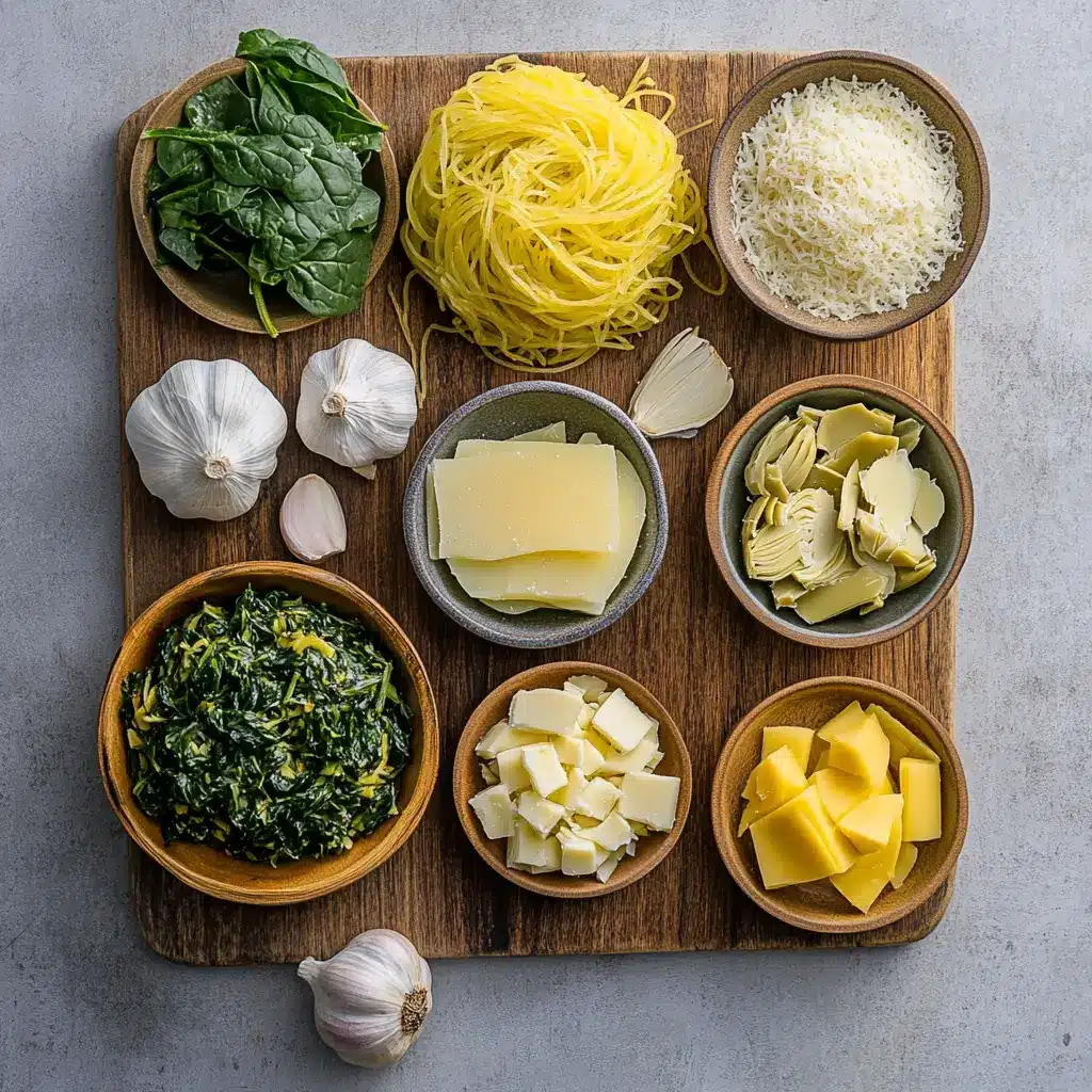 SPINACH AND ARTICHOKE STUFFED SPAGHETTI SQUASH centered hero view, clean and uncluttered