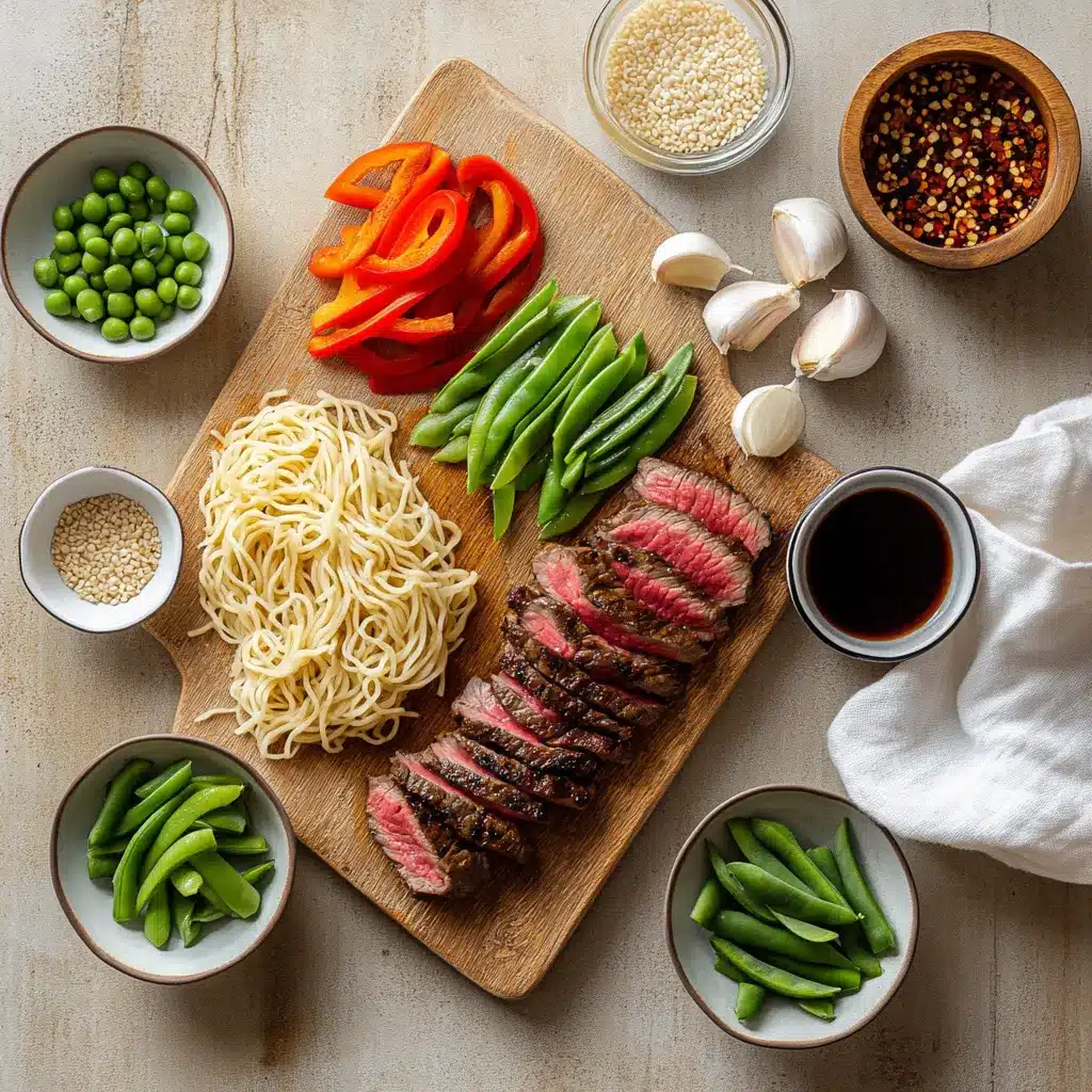 STICKY BEEF NOODLES close-up plated with sesame and green onions, warm natural light