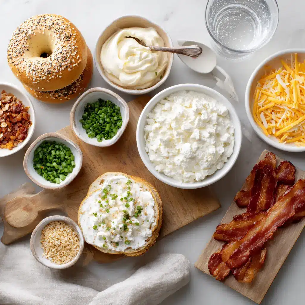 ZESTY BACON CREAM CHEESE BAGELS close-up with sesame bagel bacon cheddar creamy sauce fresh chives