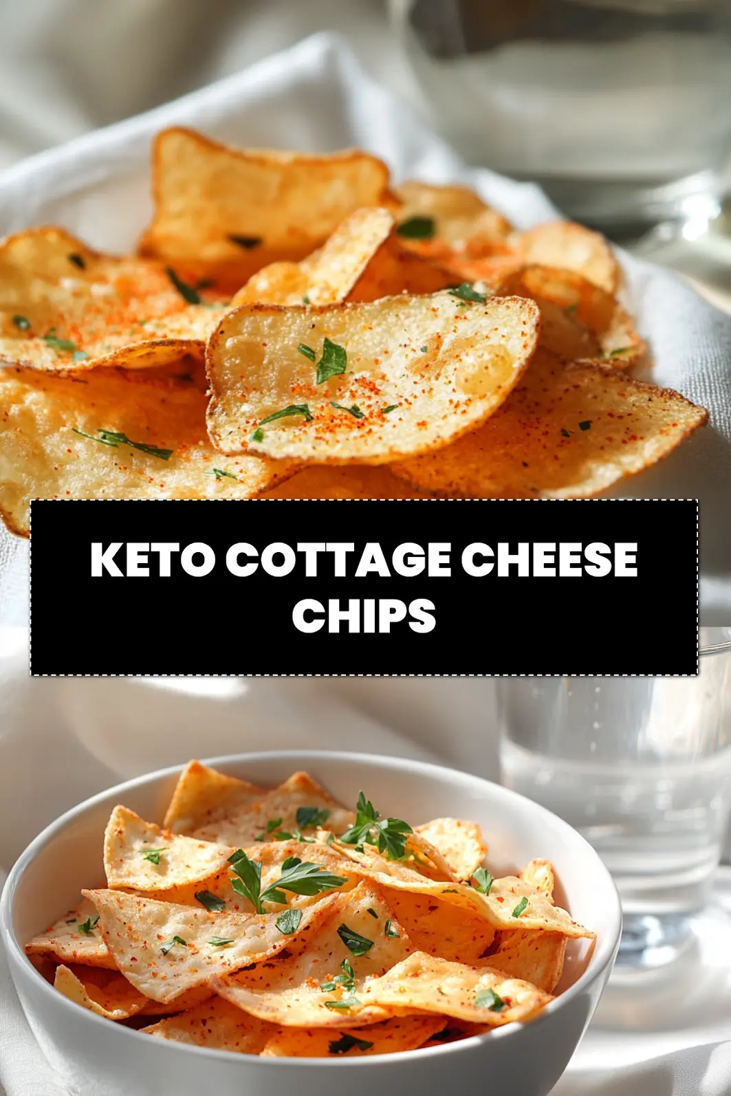 KETO COTTAGE CHEESE CHIPS crunchy chips with paprika and fresh herbs on white napkin_pin