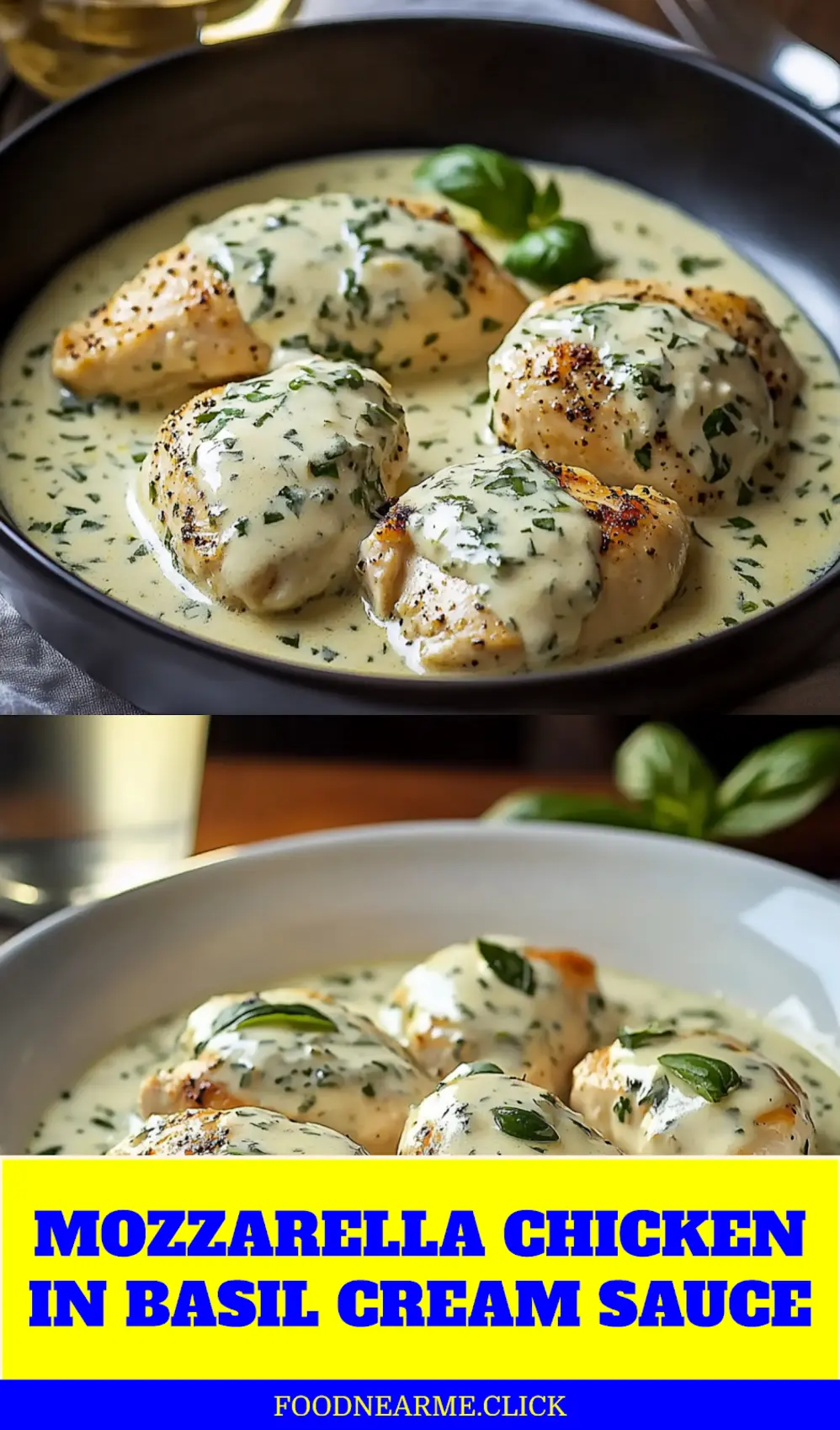 MOZZARELLA CHICKEN IN BASIL CREAM SAUCE plated warm natural light shallow depth inviting close up_pin