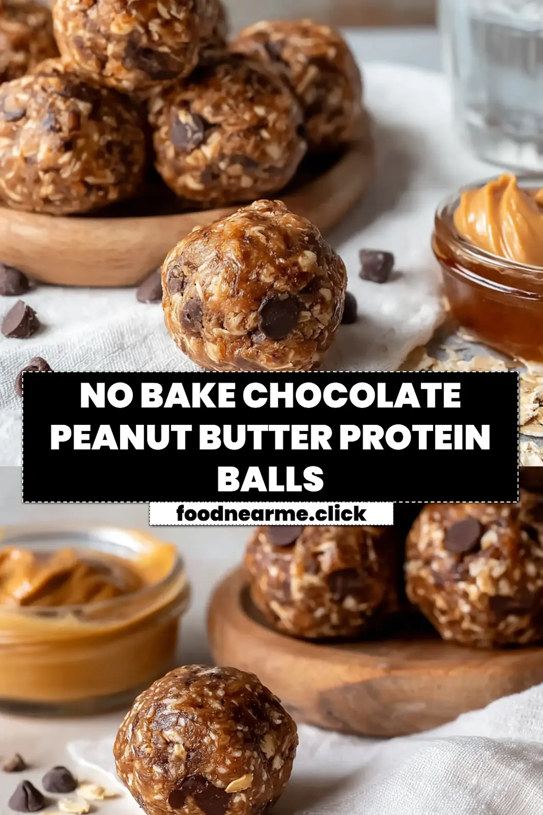 NO BAKE CHOCOLATE PEANUT BUTTER PROTEIN BALLS on wooden board with cloth and glass water_pin