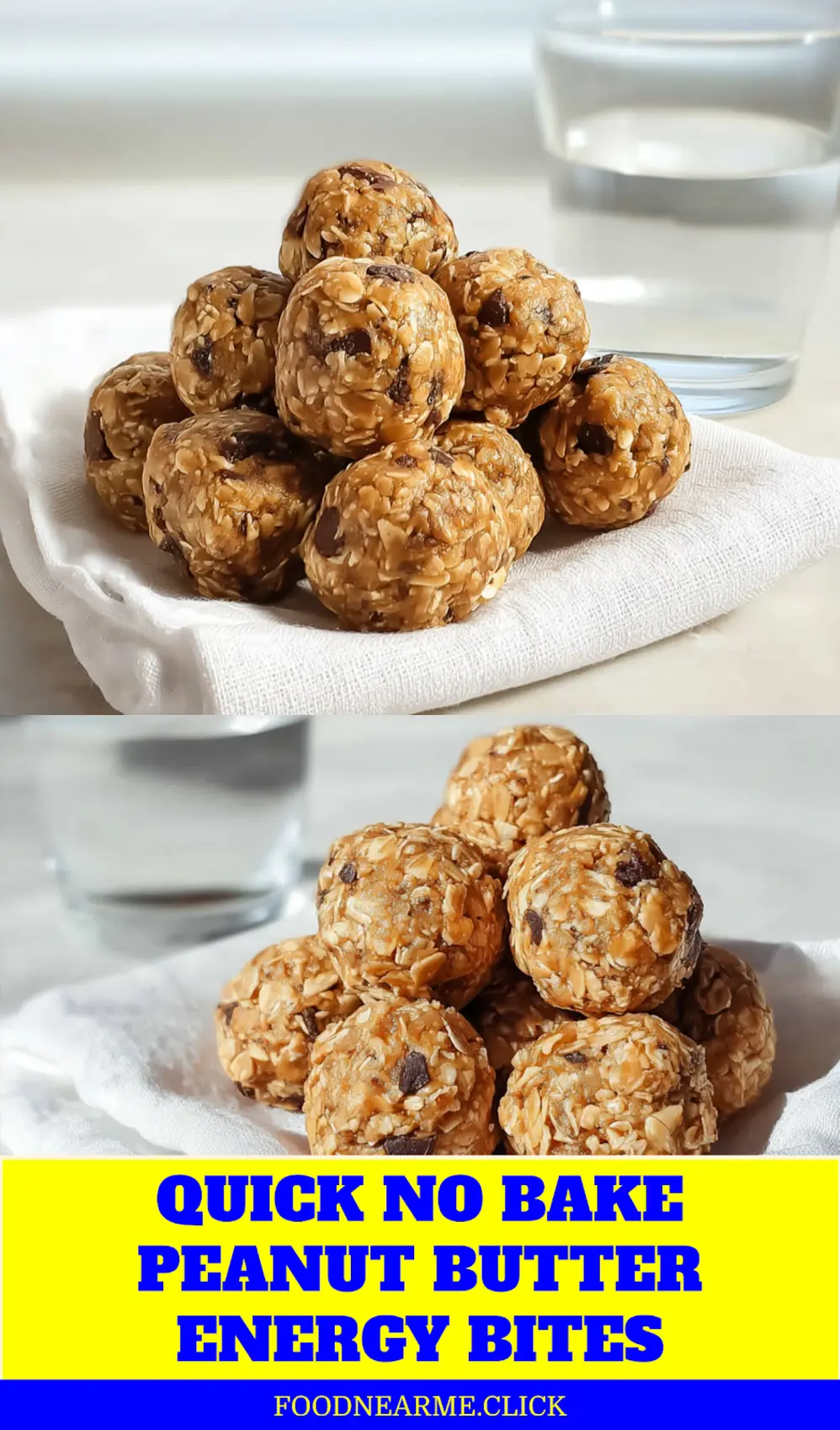 NO BAKE PEANUT BUTTER ENERGY BITES on white napkin with clear glass of water warm tones_pin