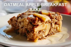 OATMEAL APPLE BREAKFAST BAKE golden baked square with walnuts and cinnamon on white napkin