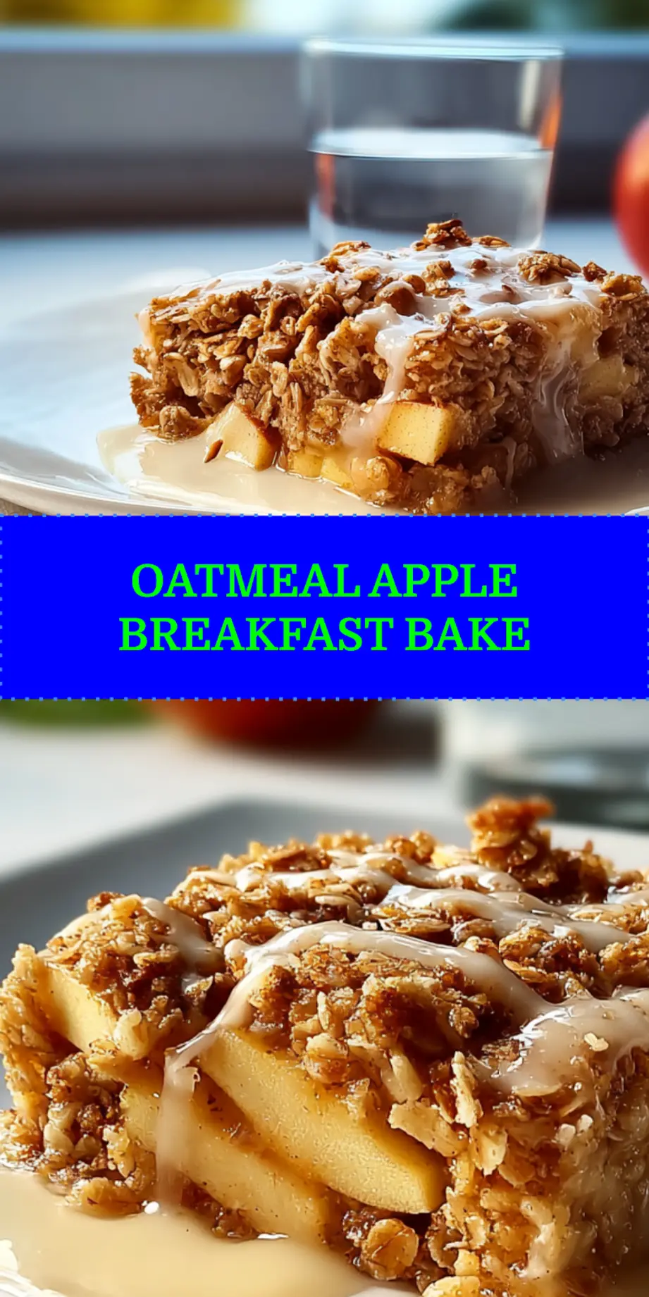 OATMEAL APPLE BREAKFAST BAKE golden baked square with walnuts and cinnamon on white napkin_pin