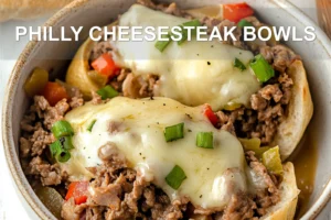 PHILLY CHEESESTEAK BOWLS centered hero view, clean and uncluttered