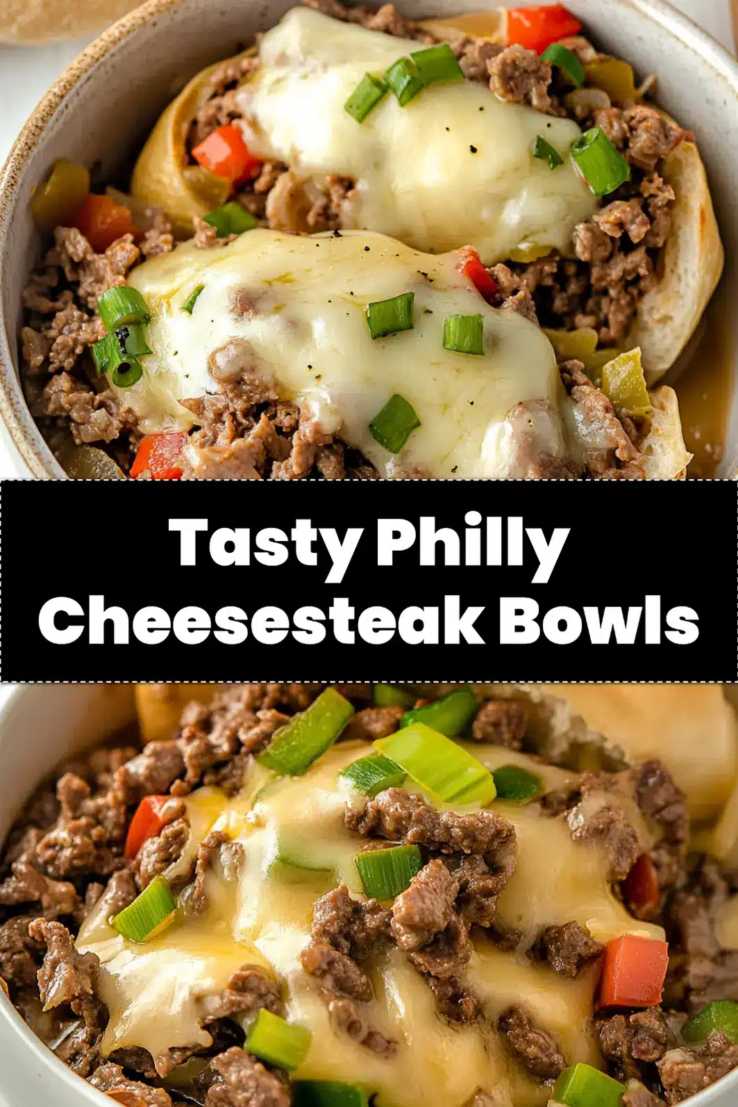 PHILLY CHEESESTEAK BOWLS centered hero view, clean and uncluttered_pin