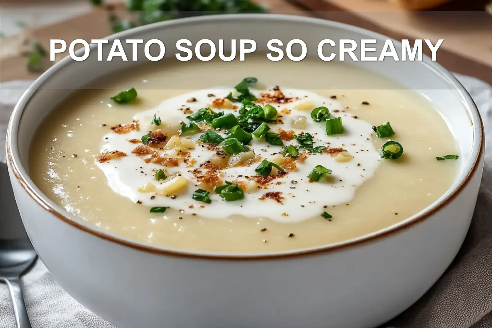 Potato Soup So Creamy Delicious and Easy Recipe 4 POTATO SOUP SO CREAMY centered hero view, clean and uncluttered