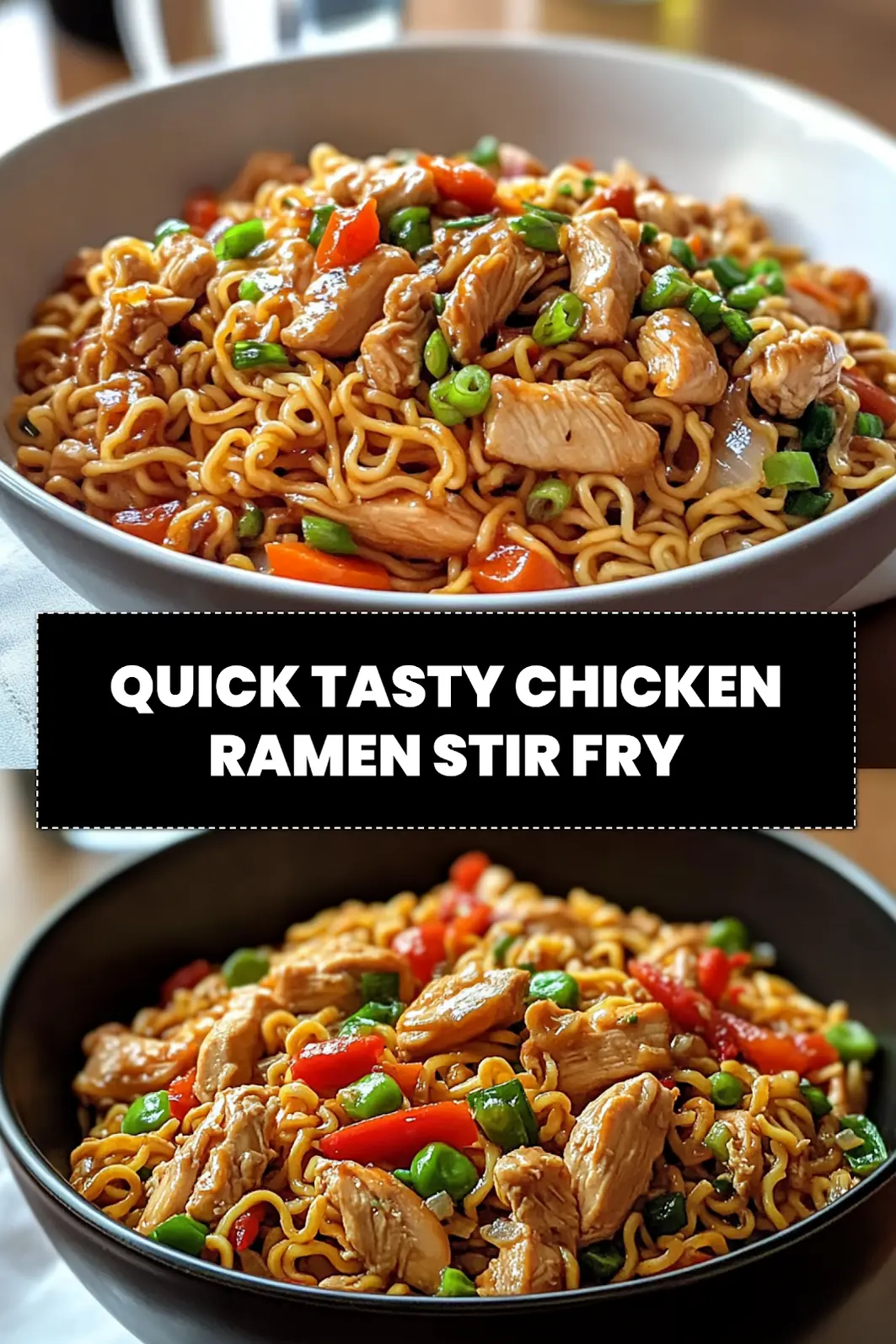 QUICK TASTY CHICKEN RAMEN STIR FRY vibrant plated stir fry on white napkin clear water glass_pin
