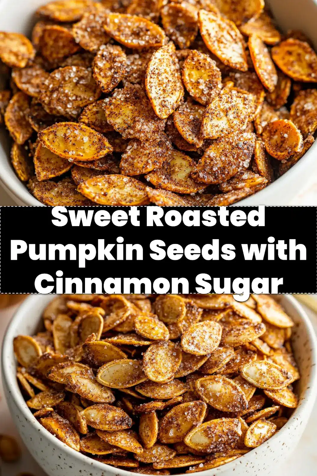 ROASTED PUMPKIN SEEDS WITH CINNAMON SUGAR centered hero view, clean and uncluttered_pin