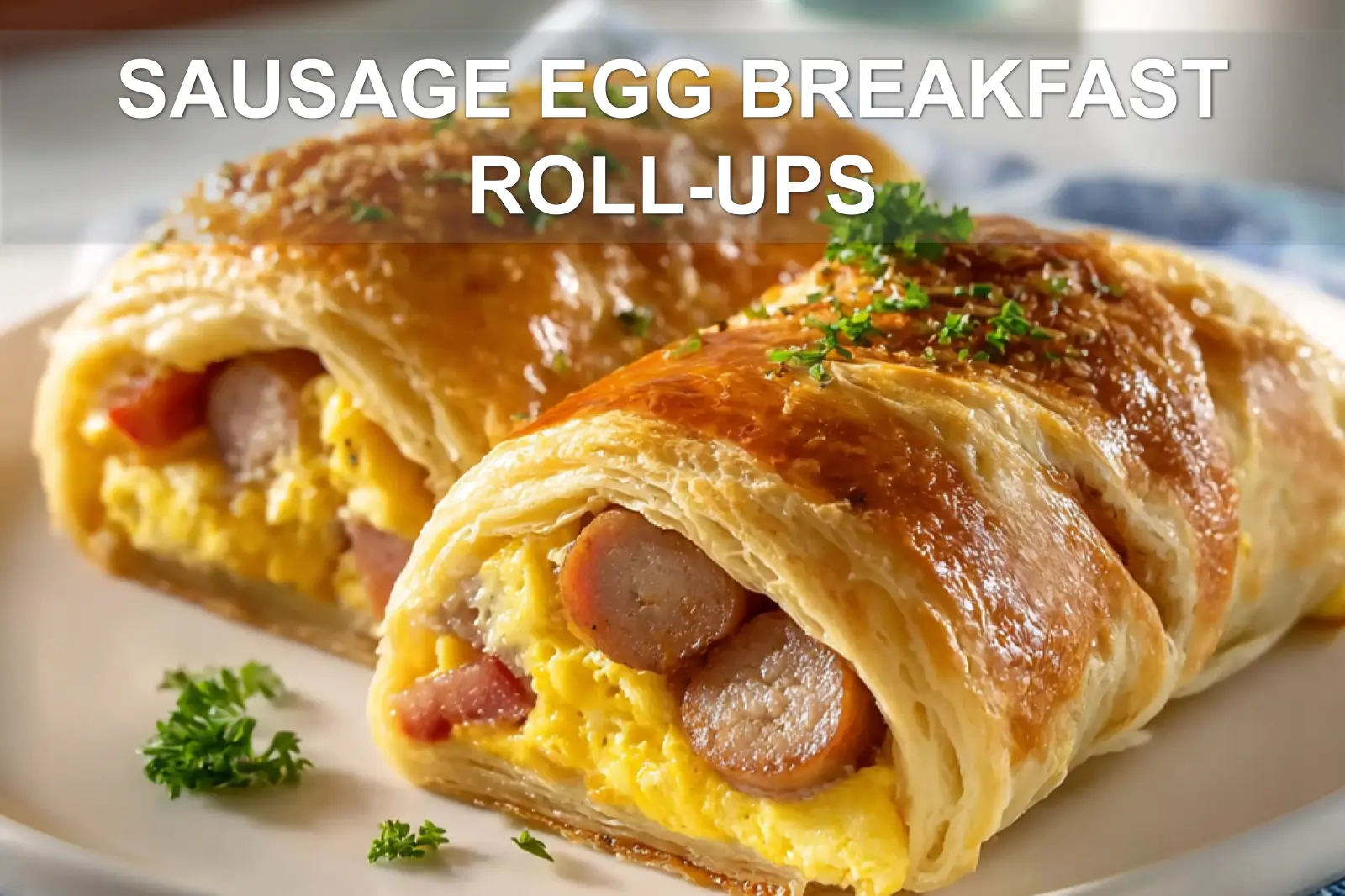 SAUSAGE EGG BREAKFAST ROLL-UPS on white cloth with clear glass of water warm tones