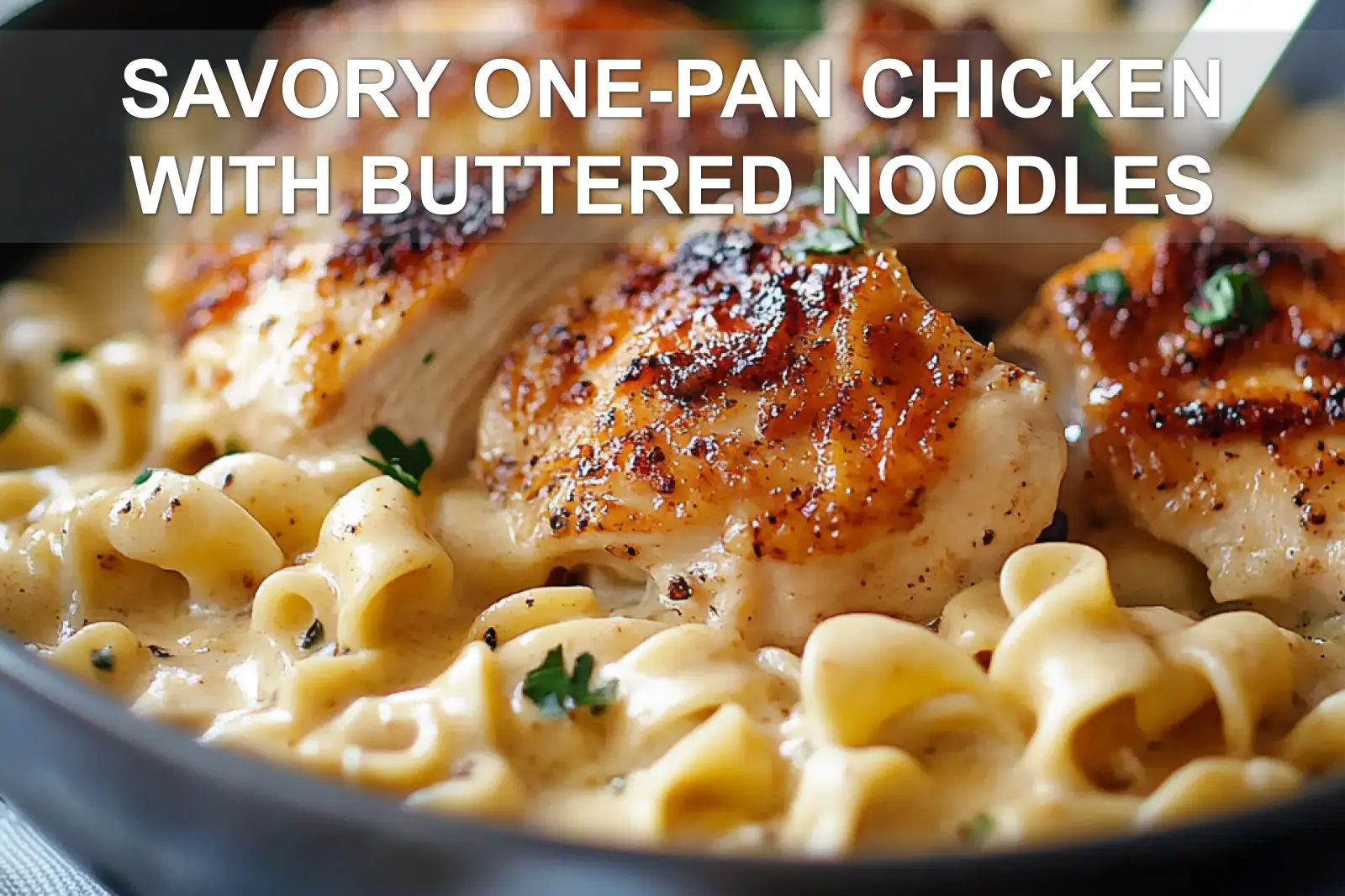 SAVORY ONE-PAN CHICKEN WITH BUTTERED NOODLES plated with egg noodles herbs butter warm glow