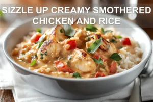 SIZZLE UP CREAMY SMOTHERED CHICKEN AND RICE plated creamy chicken and rice with herbs and peas