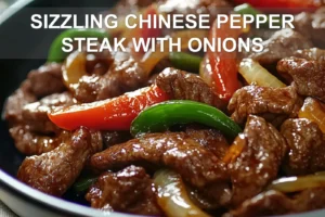 SIZZLING CHINESE PEPPER STEAK WITH ONIONS served with steamed rice green onions vibrant peppers