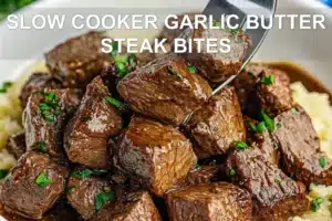 SLOW COOKER GARLIC BUTTER STEAK BITES centered hero view, clean and uncluttered