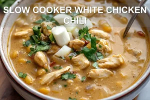 SLOW COOKER WHITE CHICKEN CHILI centered hero view, clean and uncluttered