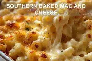 SOUTHERN BAKED MAC AND CHEESE centered hero view, clean and uncluttered