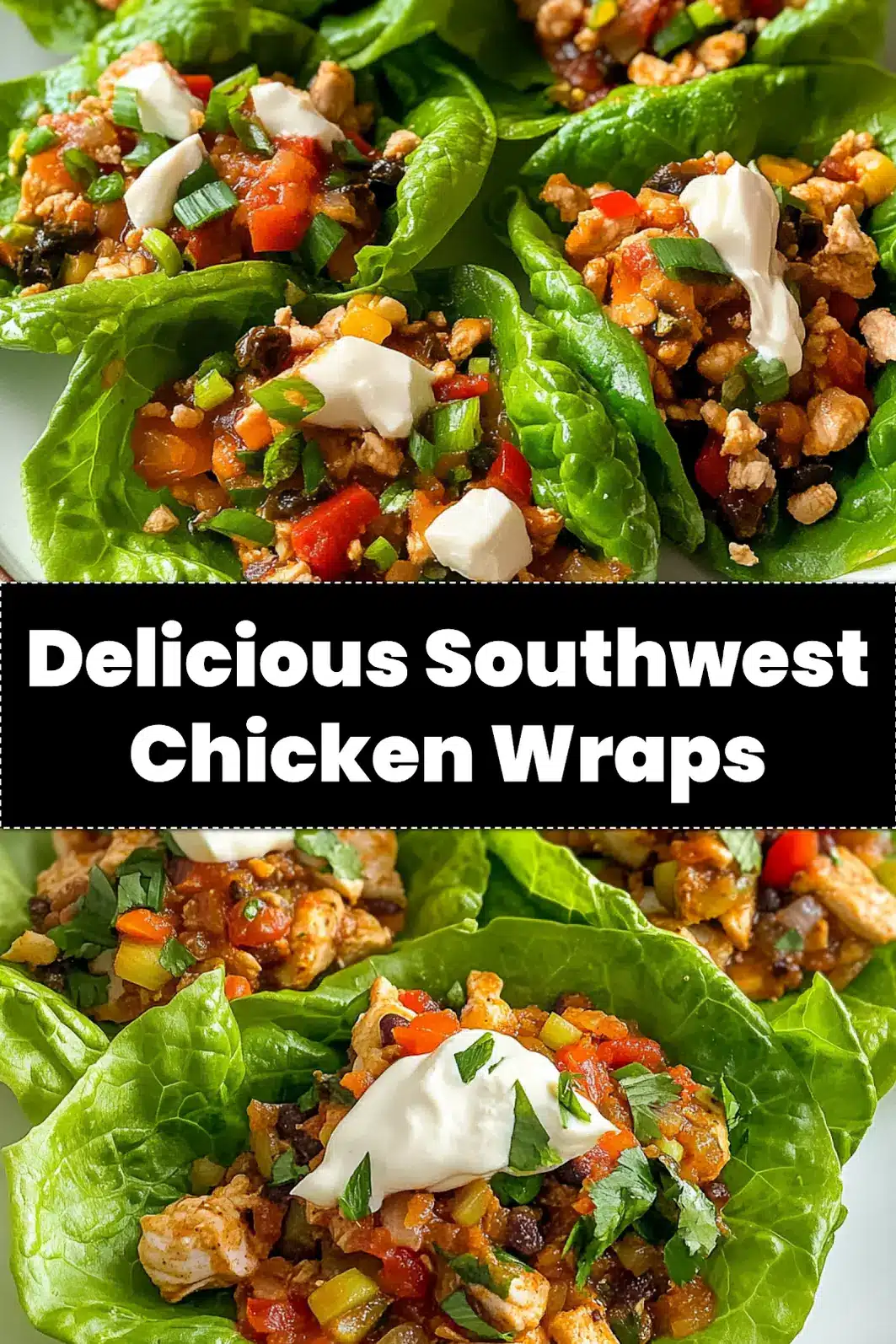 Southwest Chicken Lettuce Wraps Quick Easy Delicious 3 SOUTHWEST CHICKEN LETTUCE WRAPS centered hero view, clean and uncluttered_pin