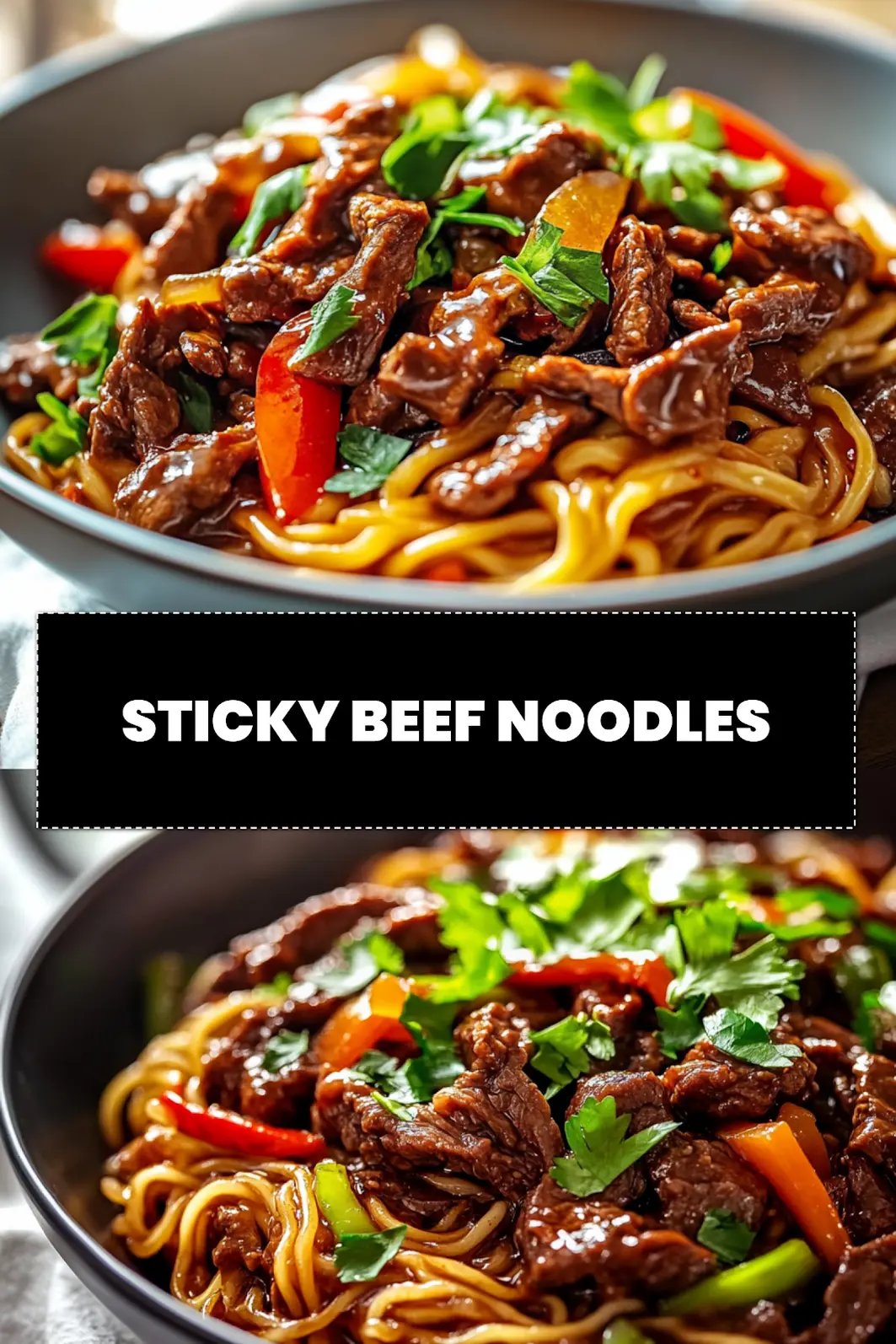 STICKY BEEF NOODLES close-up plated with sesame and green onions, warm natural light_pin