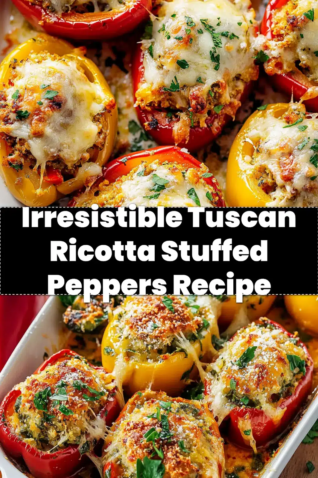 Tuscan Ricotta Stuffed Peppers Recipe You'll Love 3 TUSCAN RICOTTA STUFFED PEPPERS centered hero view, clean and uncluttered_pin