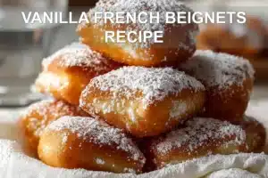 Vanilla French Beignets Recipe: Simple and Delicious VANILLA FRENCH BEIGNETS RECIPE golden beignets dusted with powdered sugar on white napkin