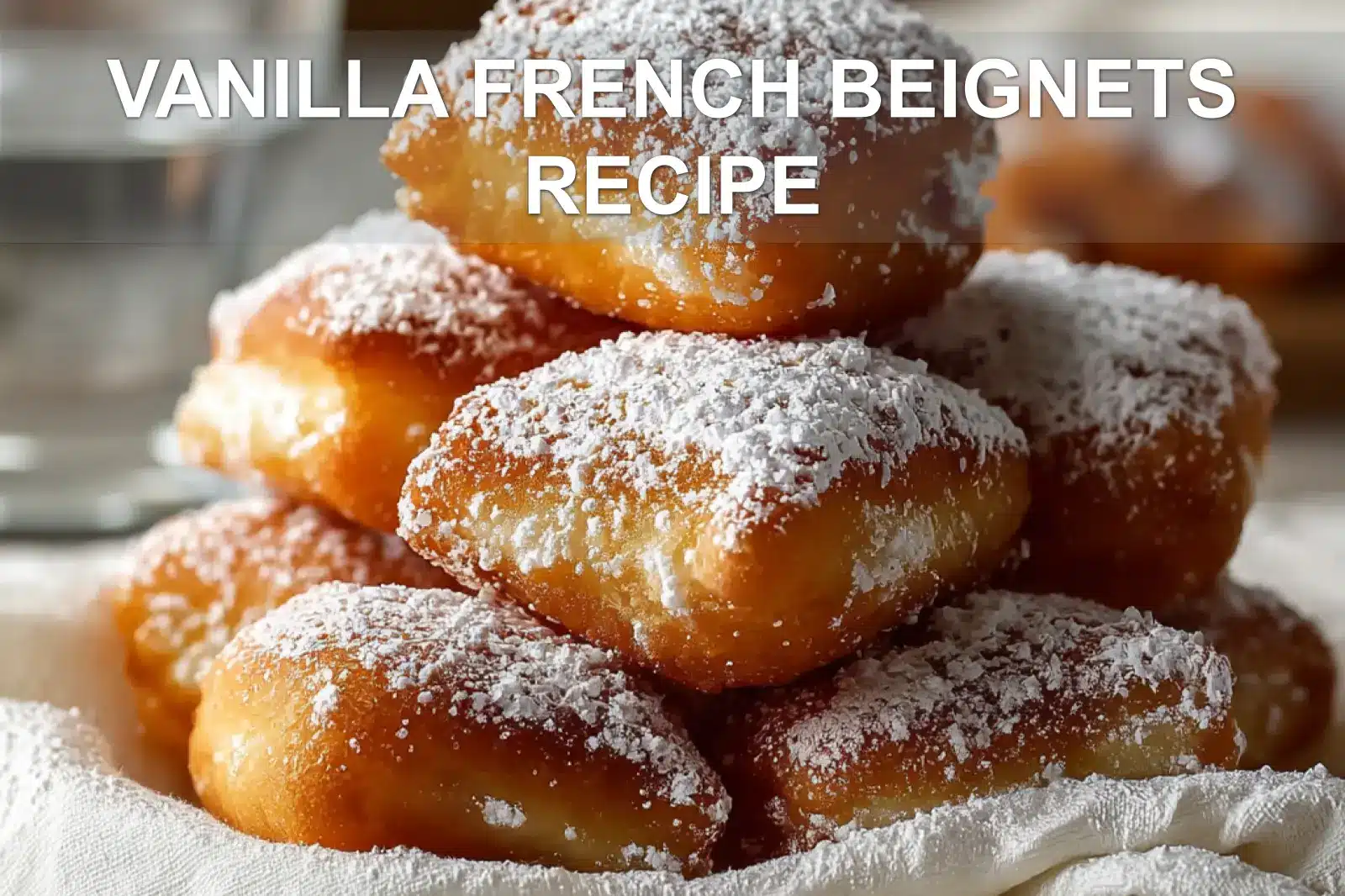 VANILLA FRENCH BEIGNETS RECIPE golden beignets dusted with powdered sugar on white napkin