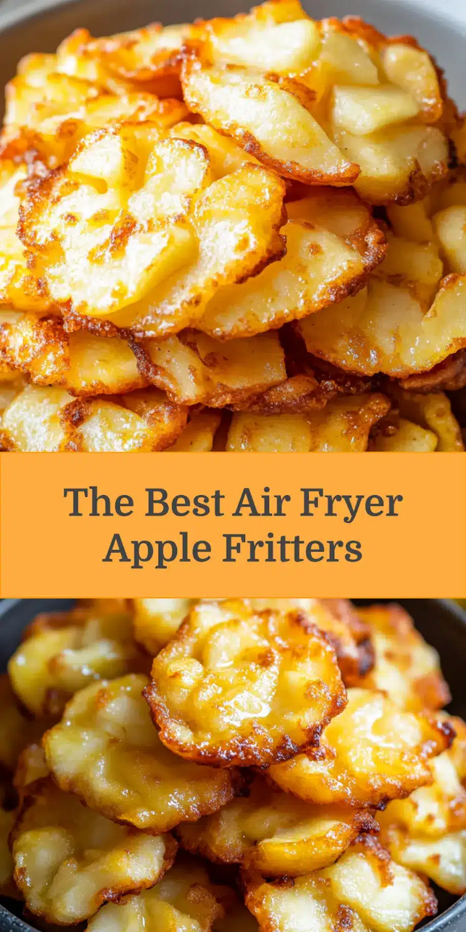Golden-brown Air Fryer Apple Fritters dusted with powdered sugar, ready for serving or pinning on Pinterest.
