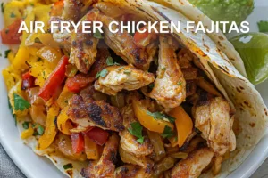 AIR FRYER CHICKEN FAJITAS centered hero view, clean and uncluttered