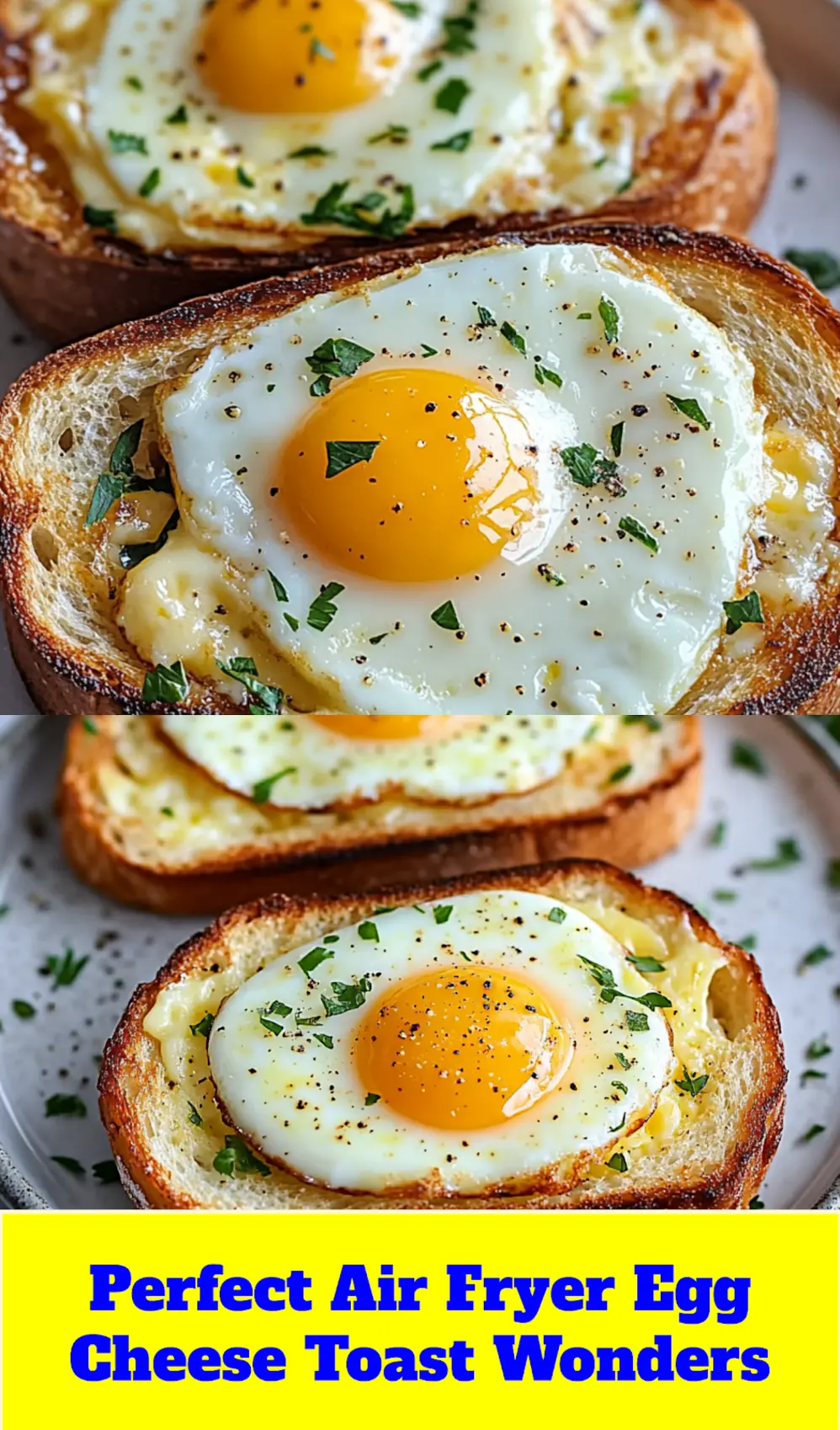 A close-up of a golden Air Fryer Egg Cheese Toast, with bubbly melted cheese around a perfectly cooked sunny-side-up egg on a slice of thick bread, garnished with fresh chives.