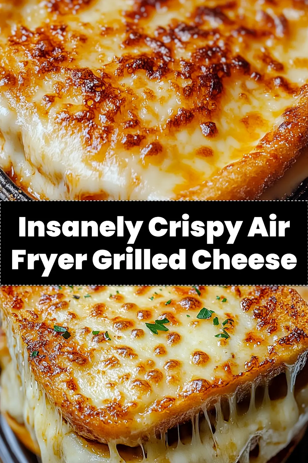 A freshly made Air Fryer Grilled Cheese sandwich, cut in half diagonally, revealing perfectly melted cheese and golden-brown bread, suitable for sharing on Pinterest.