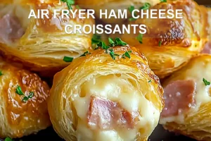 Air Fryer Ham Cheese Croissants Easy Delicious Recipe AIR FRYER HAM CHEESE CROISSANTS centered hero view, clean and uncluttered