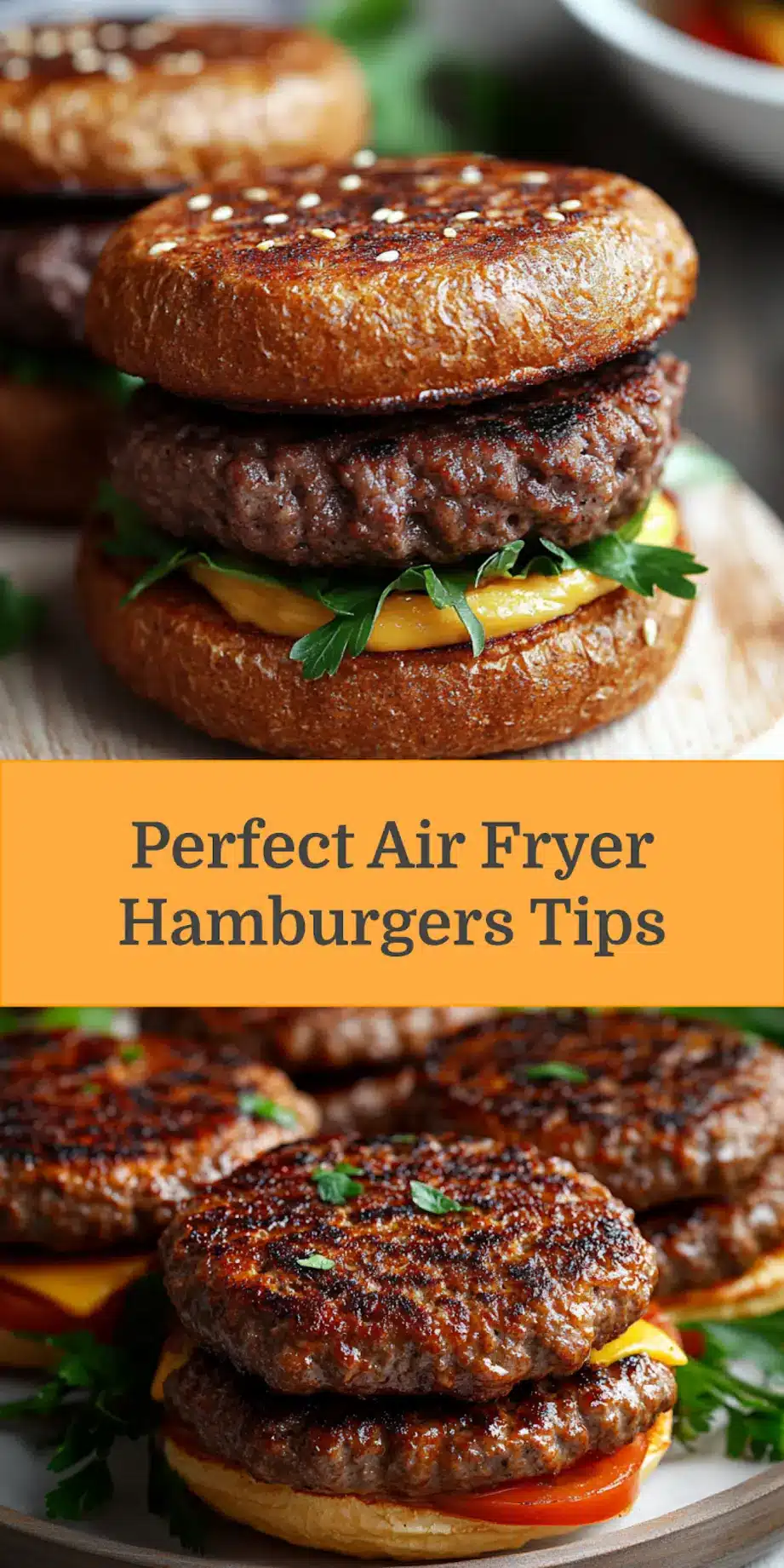A tantalizing close-up of Air Fryer Hamburgers on a rustic serving board, perfect for sharing on Pinterest