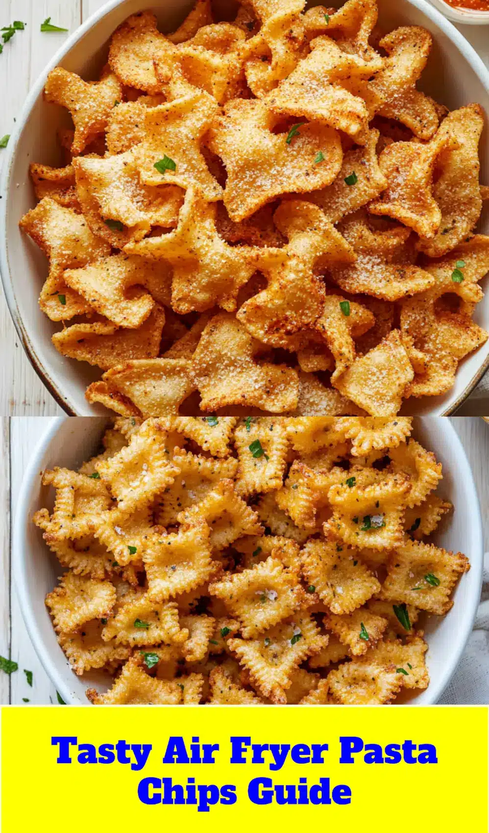 Crispy Air Fryer Pasta Chips arranged for a social media pin, highlighting their golden texture.