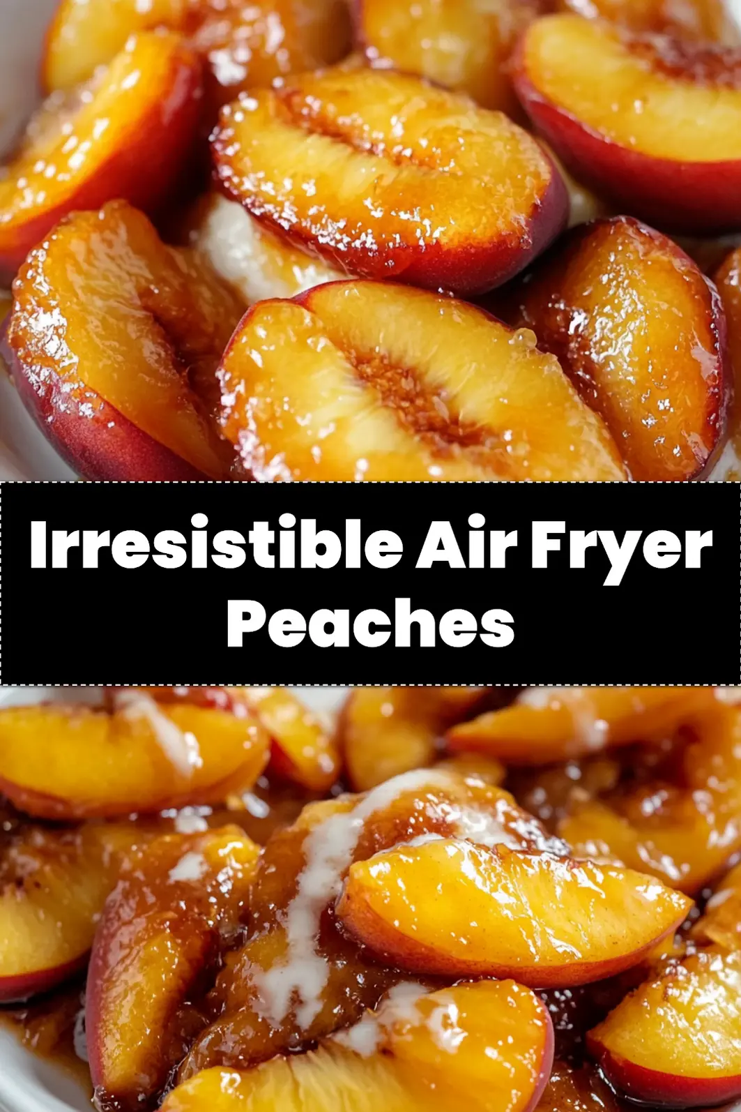 A beautiful close-up of air fryer peaches with crumble topping, garnished with fresh mint, perfect for pinning.