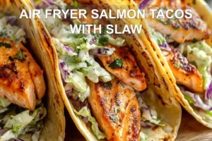 AIR FRYER SALMON TACOS WITH SLAW centered hero view, clean and uncluttered