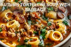 AUTUMN TORTELLINI SOUP WITH SAUSAGE centered hero view, clean and uncluttered