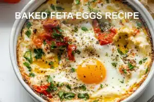 Baked Feta Eggs Recipe: Easy and Delicious Breakfast BAKED FETA EGGS RECIPE centered hero view, clean and uncluttered