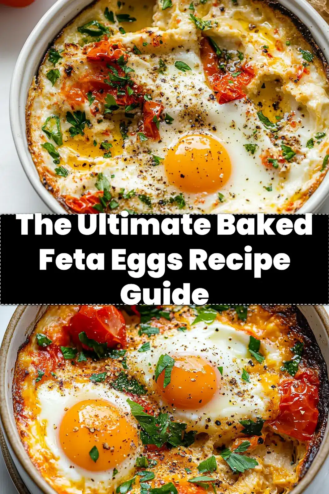 Delicious Baked Feta Eggs Recipe in a baking dish, perfect for sharing on social media like Pinterest.