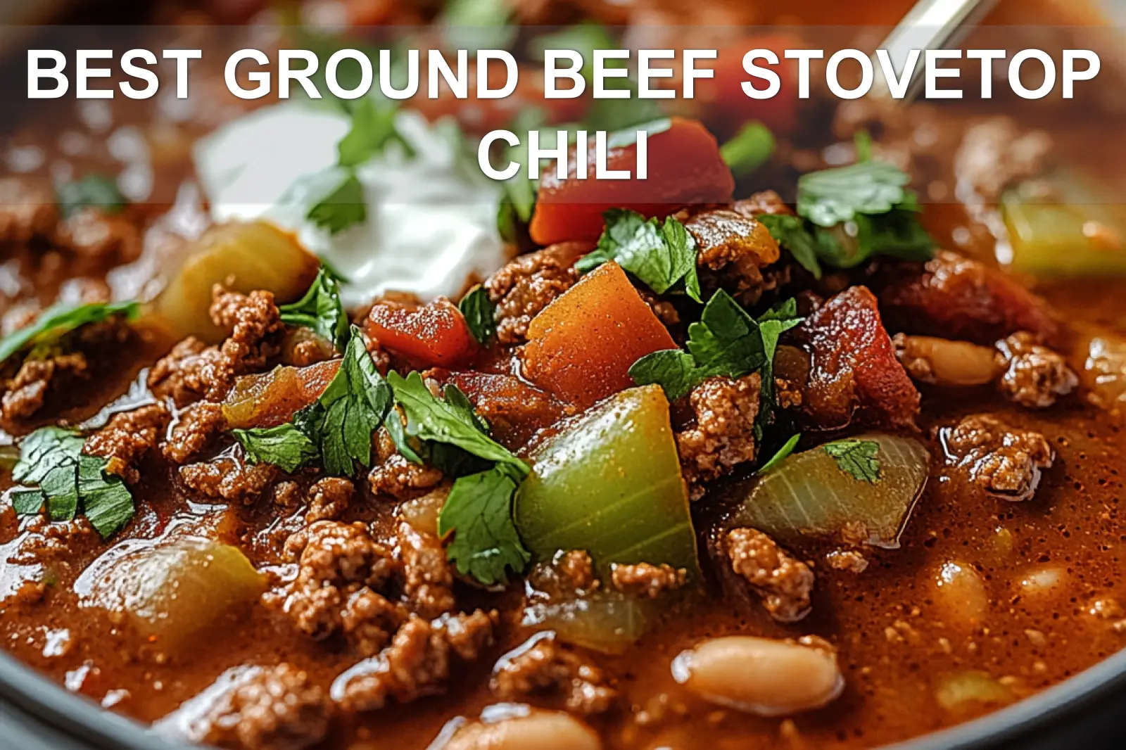 Best Ground Beef Stovetop Chili Easy and Irresistible 2 BEST GROUND BEEF STOVETOP CHILI centered hero view, clean and uncluttered