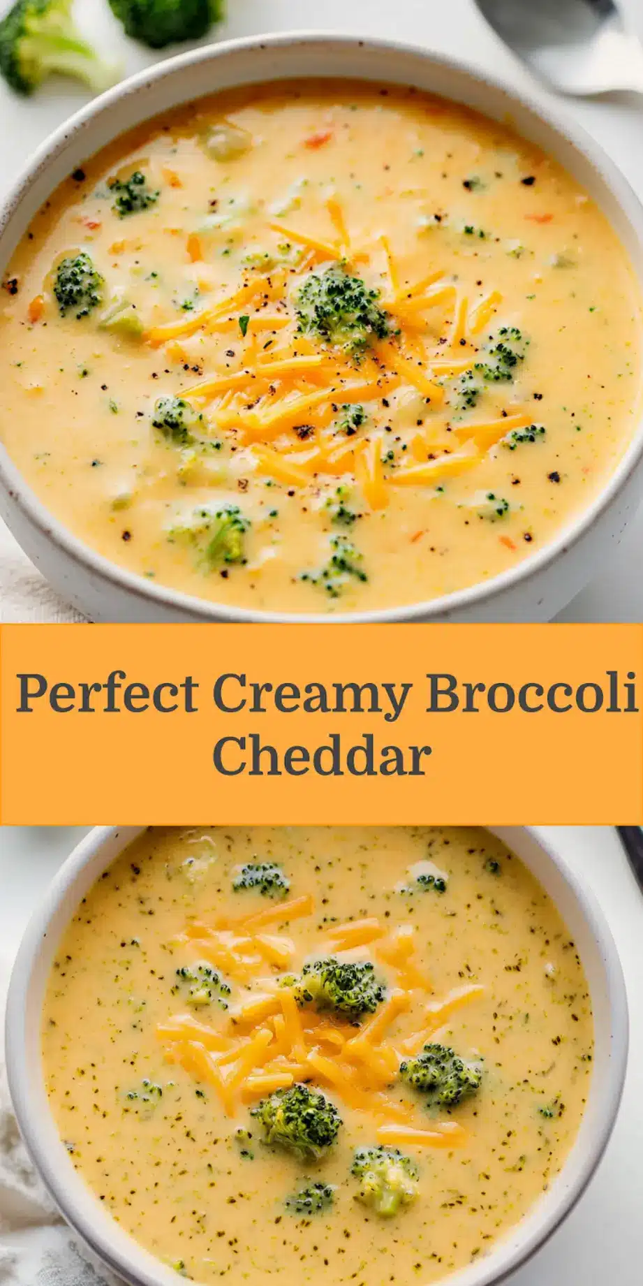 Broccoli Cheddar Soup in a bowl, garnished, focused and appealing