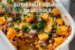 BUTTERNUT SQUASH CASSEROLE centered hero view, clean and uncluttered