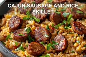CAJUN SAUSAGE AND RICE SKILLET centered hero view, clean and uncluttered