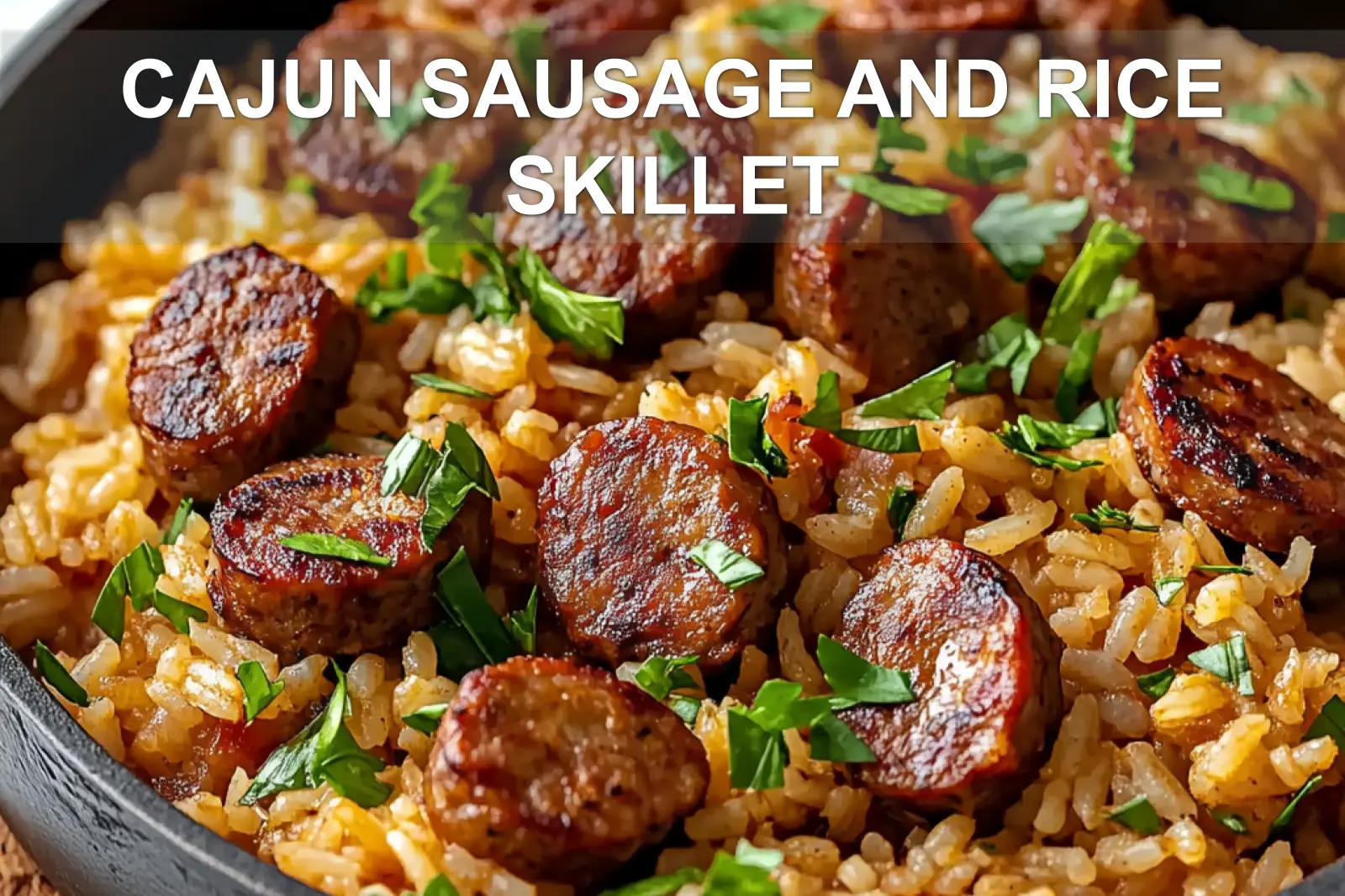 Cajun Sausage and Rice Skillet: Quick Easy Dinner 2 CAJUN SAUSAGE AND RICE SKILLET centered hero view, clean and uncluttered