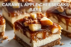 CARAMEL APPLE CHEESECAKE BARS centered hero view, clean and uncluttered