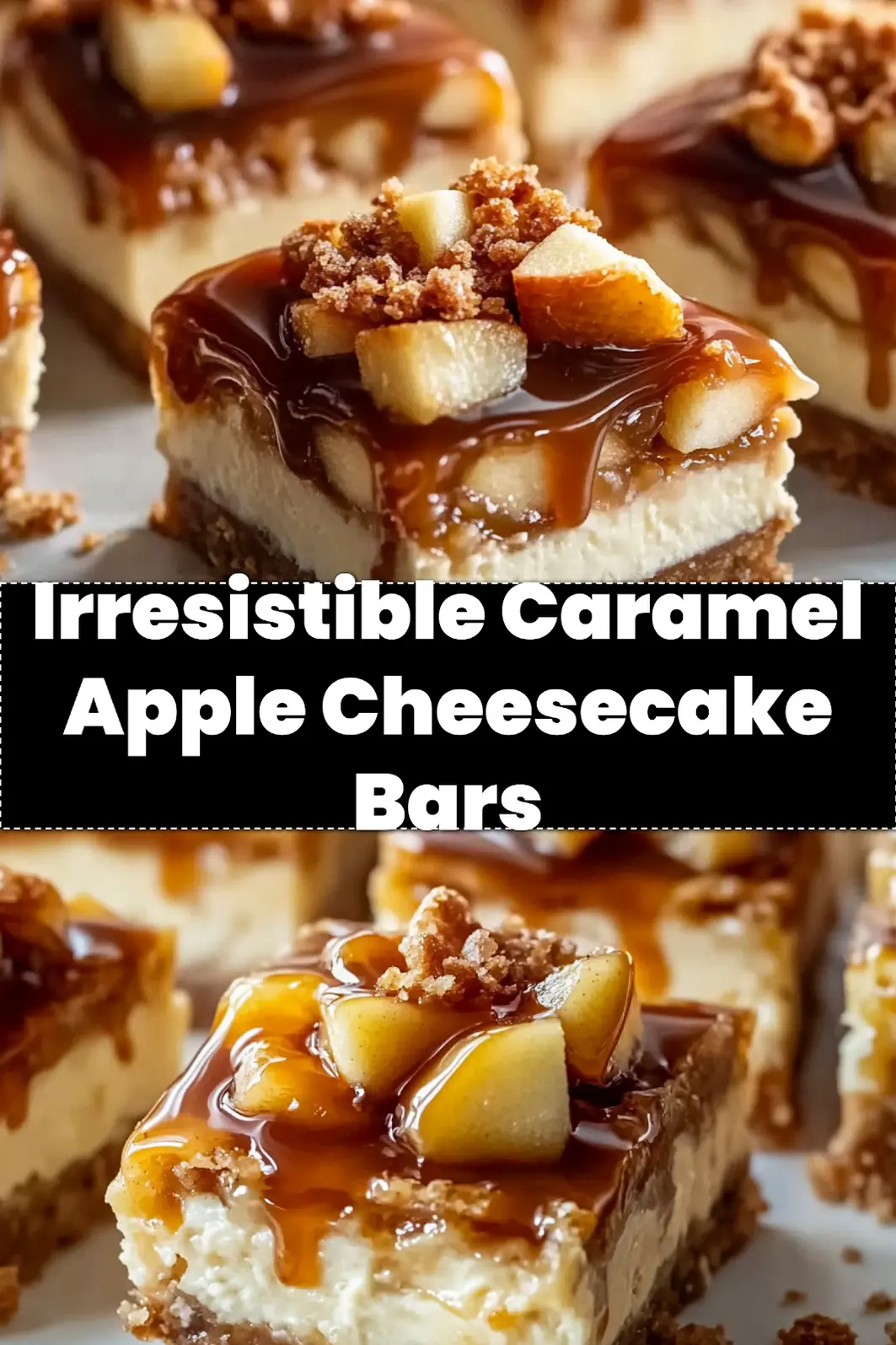 CARAMEL APPLE CHEESECAKE BARS centered hero view, clean and uncluttered_pin