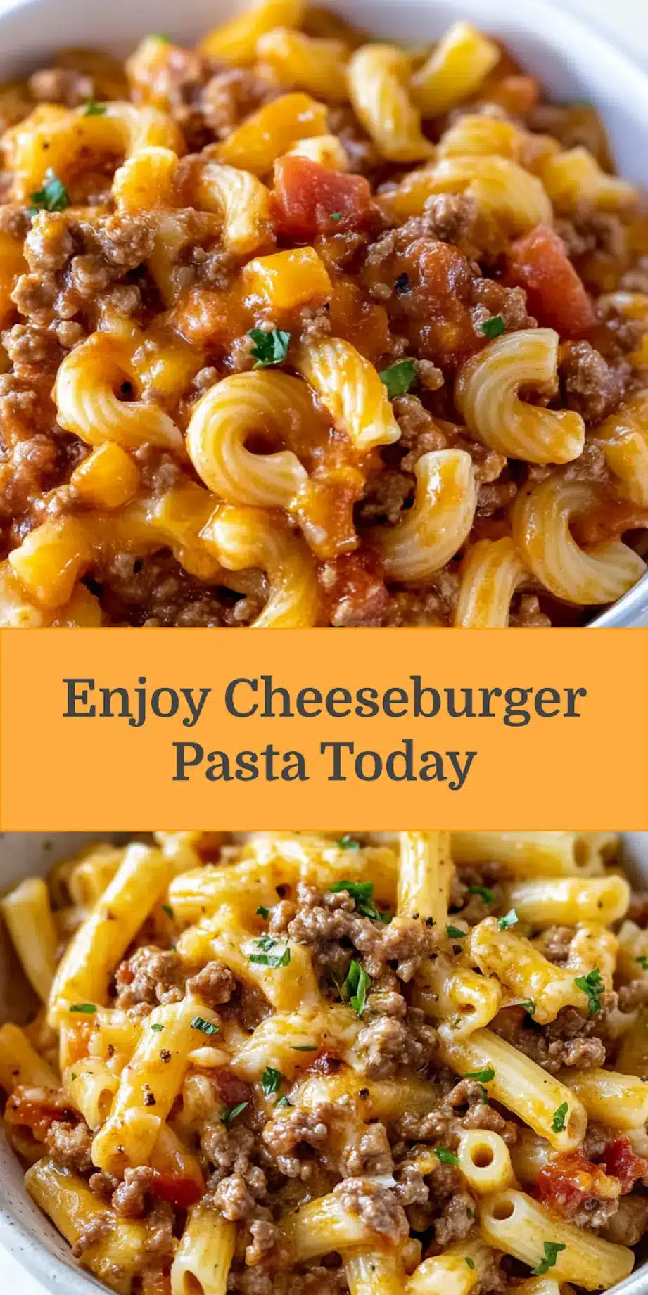 Close-up of creamy Cheeseburger Pasta in a skillet, topped with melted cheese and fresh parsley, ready to serve.