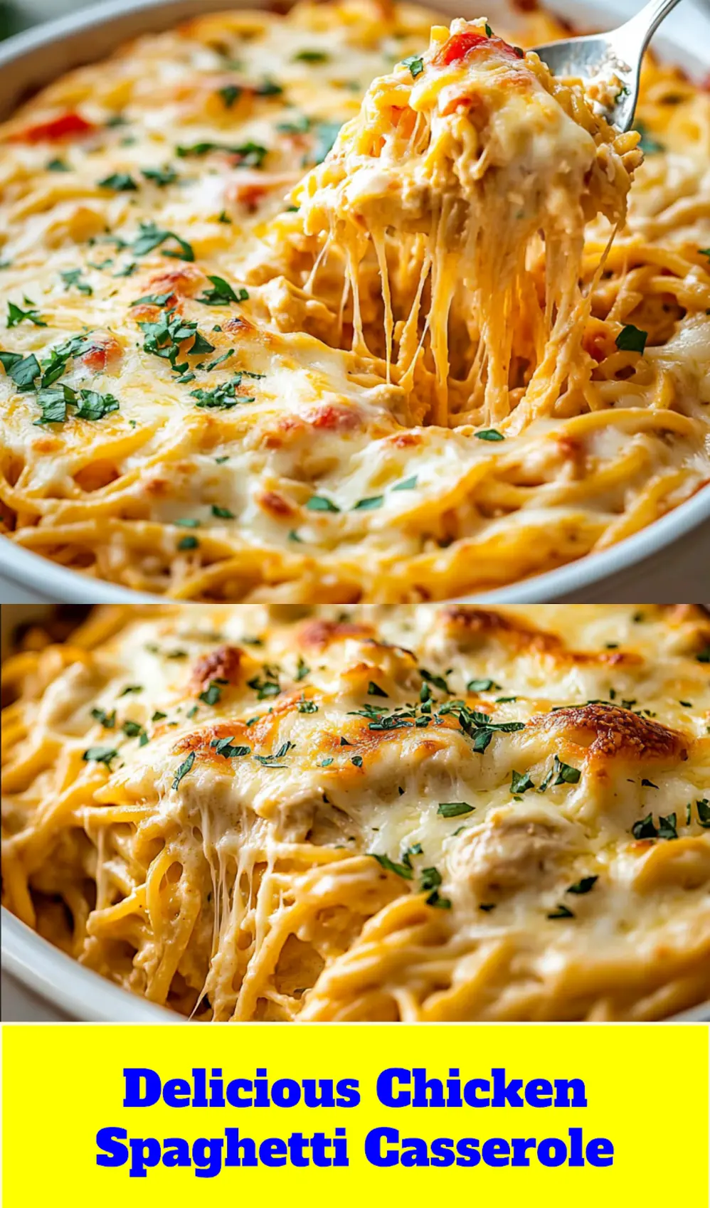 Baked Cheesy Chicken Spaghetti Casserole, golden brown and bubbling, garnished with fresh parsley in a white baking dish, ready to serve.